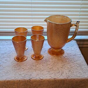 Jeanette Marigold Crackle Carnival Glass Pitcher & Tumbler Water Glass set 4 cup